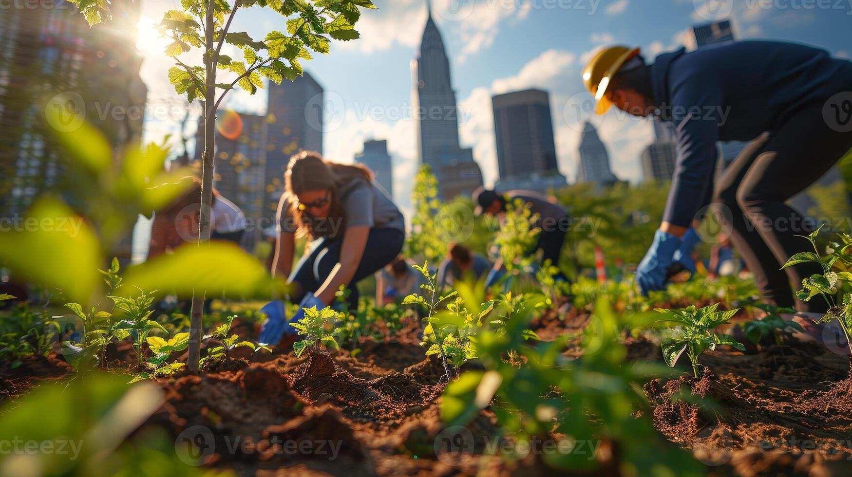 ai generado urbano silvicultura voluntarios son plantando arboles en un ciudad parque a un comunidad jardinería evento, con un diverso grupo y rascacielos en el fondo, promoviendo sostenible viviendo. foto