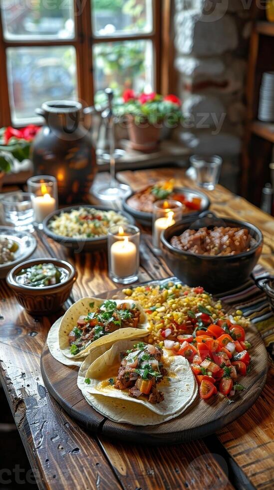 AI generated An intimate Cinco de Mayo dinner setting, a rustic wooden table adorned with Mexican textiles, candles, and a spread of homemade tacos and enchiladas. photo