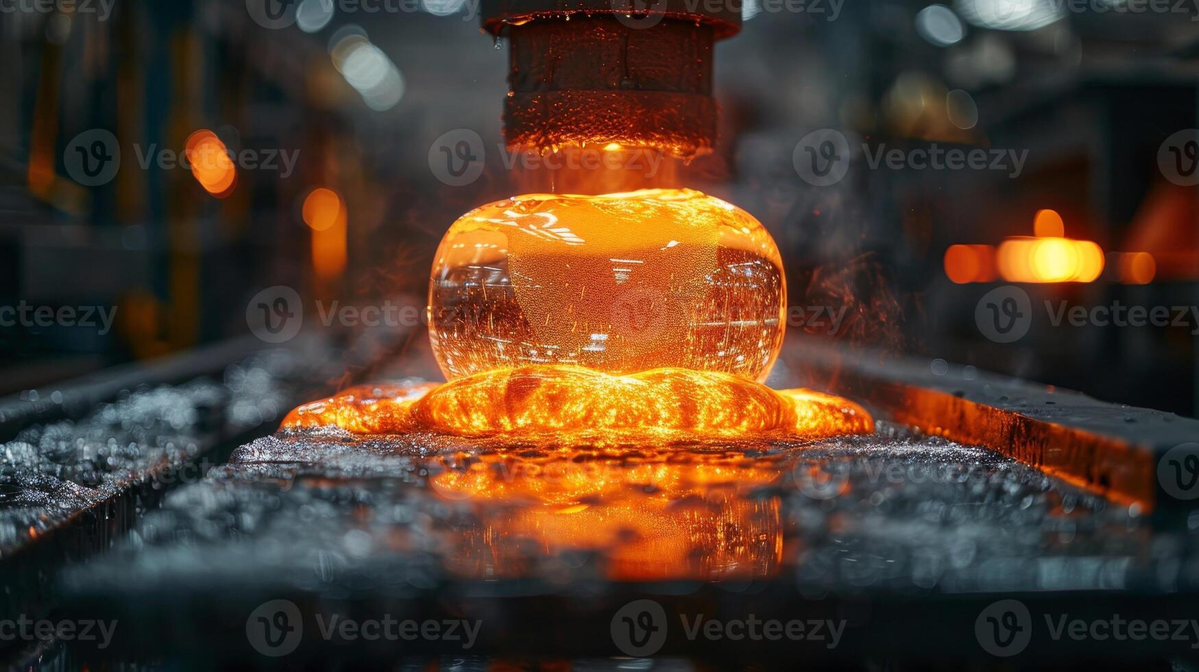 AI generated Glassblowing involves shaping molten glass in a dark workshop illuminated by a bright orange glow photo