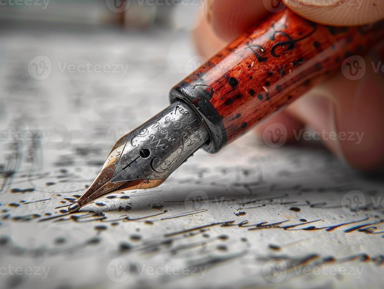 AI generated An elegant display of calligraphy in black ink on white paper, with a hand holding a dip pen and flowing script photo