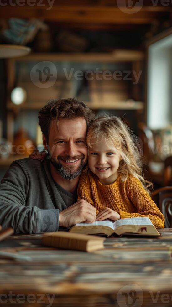 AI generated Home Based Lent Reflection with Family, Bible and Cross on Display photo