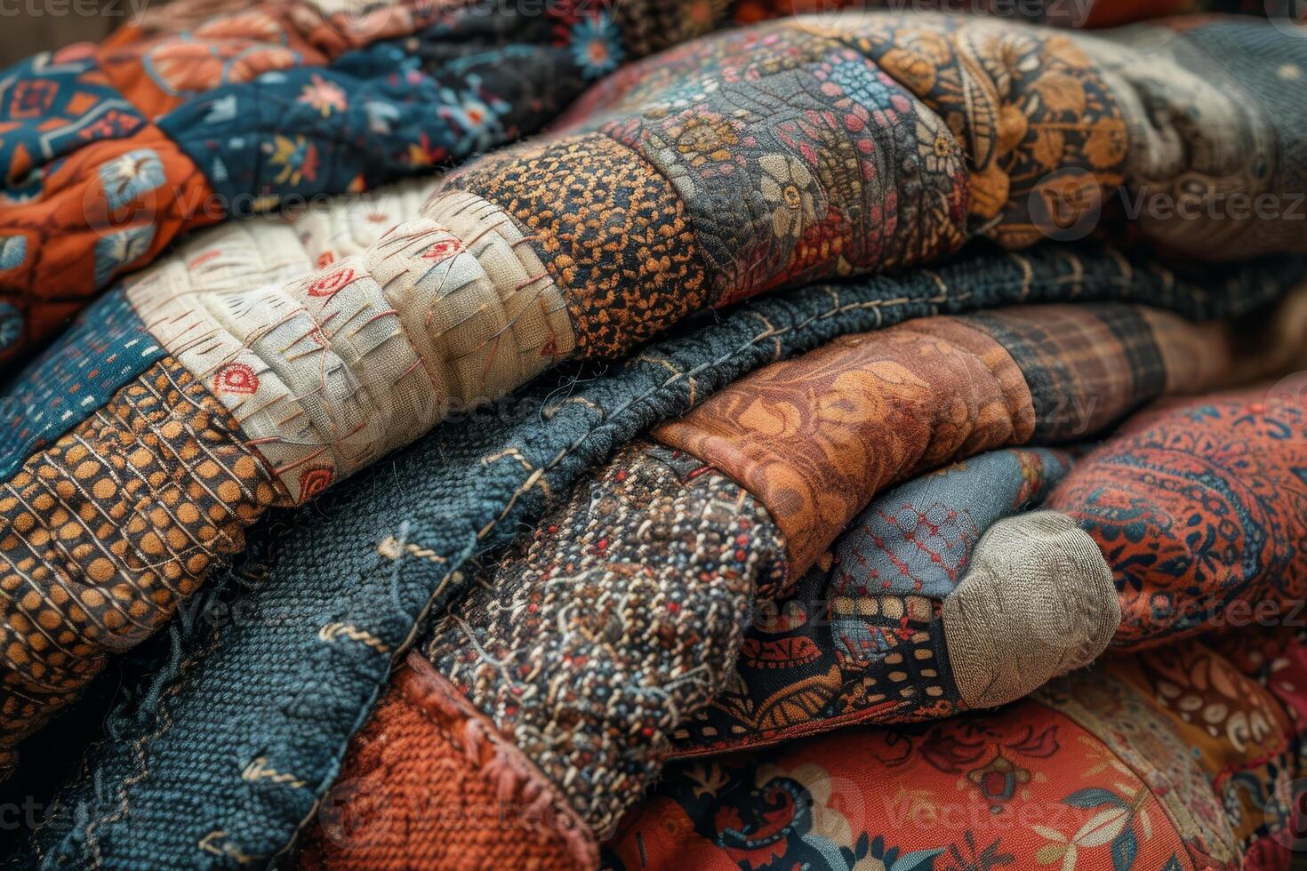 AI generated Creating a cozy patchwork blanket involves stitching together diverse fabrics with unique textures and patterns photo