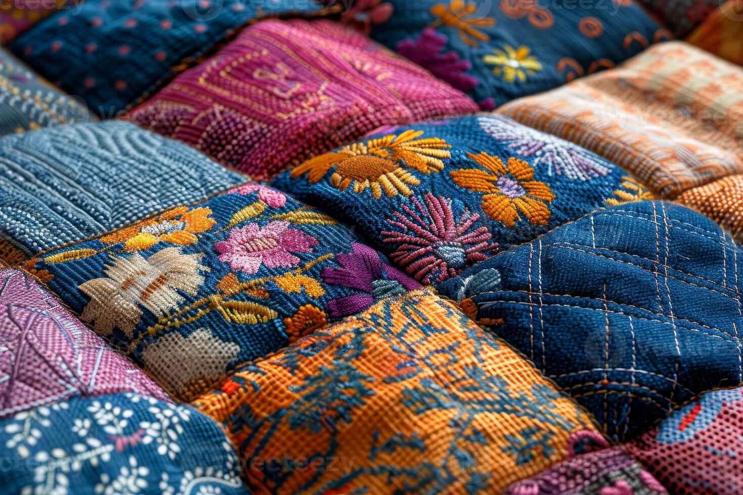 AI generated Quilting a colorful patchwork, mixing textures and patterns in fabric pieces for a cozy blanket design photo