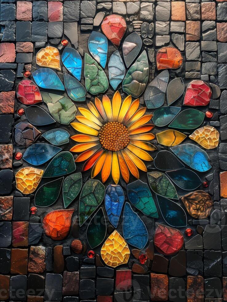 AI generated Mosaic art, assembling tiny colorful tiles into a beautiful pattern, overhead view photo