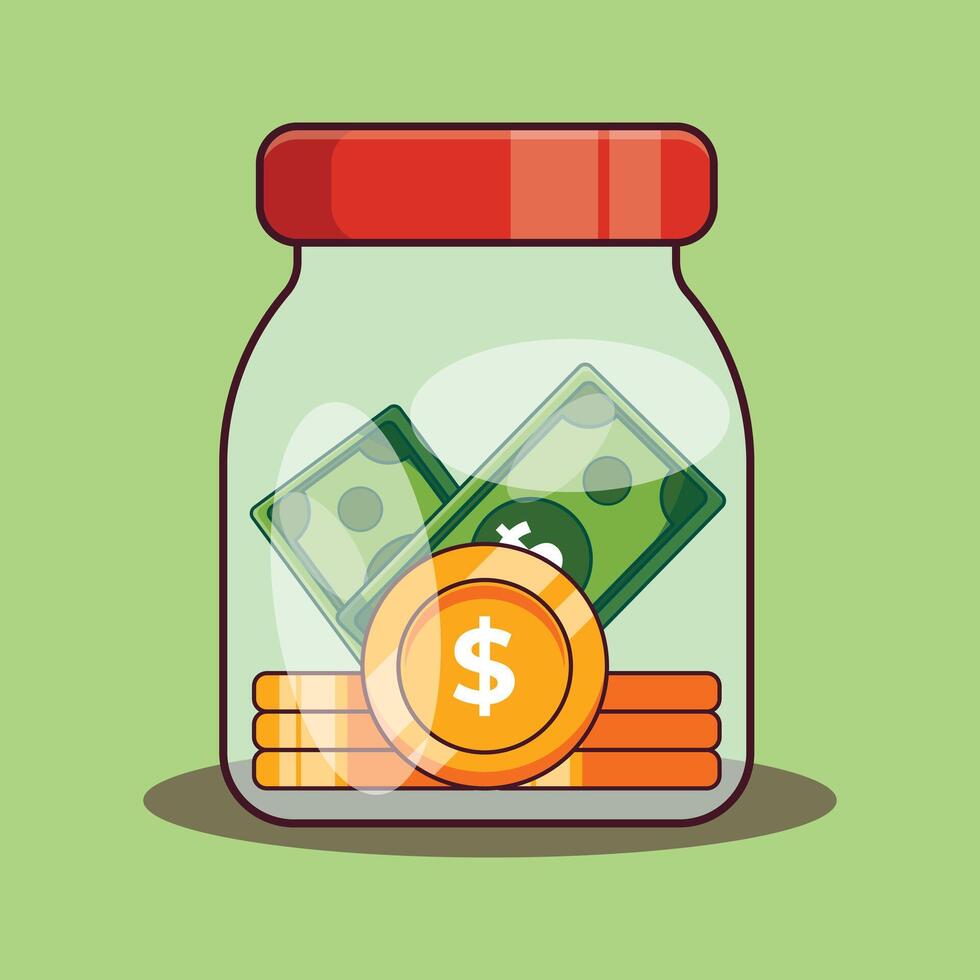 cartoon vector illustration of money in the jar.