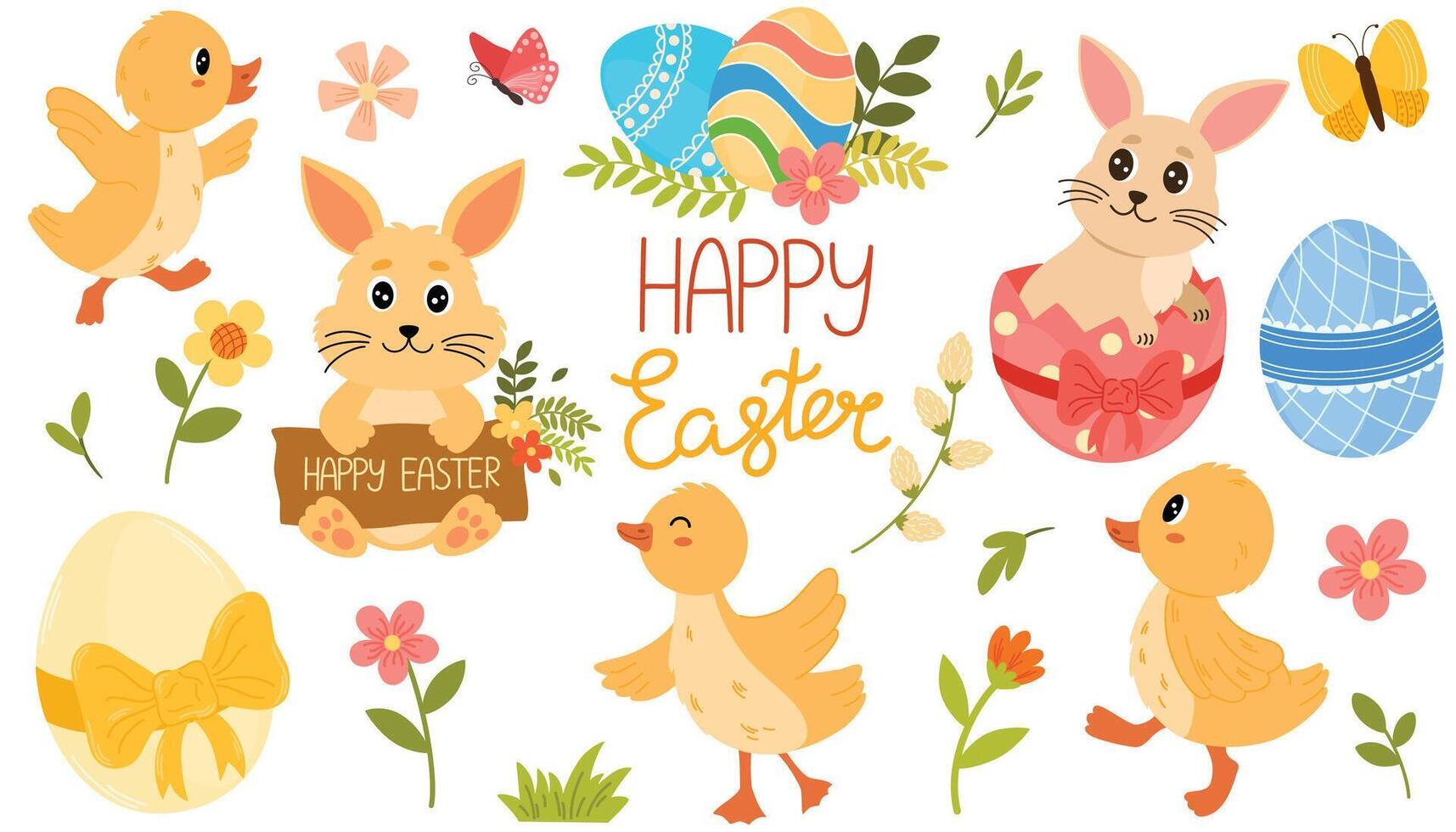 linda Pascua de Resurrección colocar. primavera colección de animales, huevos, flores y decoraciones para póster, tarjeta, álbum de recortes, pegatinas dibujos animados plano estilo vector ilustración