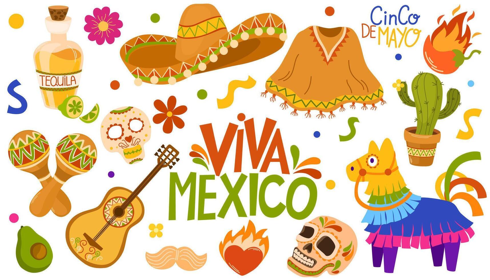 Mexican fiesta set. Collection of objects for Cinco de Mayo parade with pinat, food, sombrero, tequila, cactus. Hand drawn Vector isolated illustrations