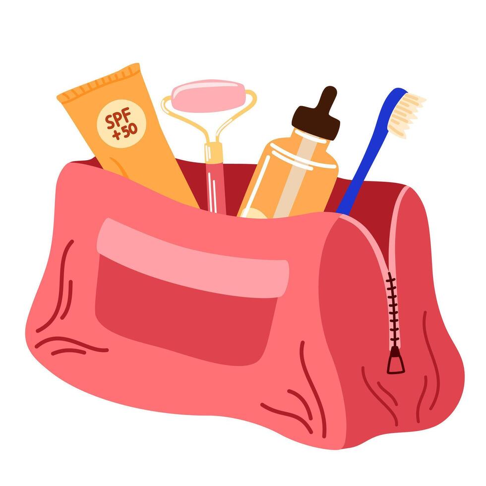 Makeup bag. Travel bag with cosmetics, creams, sunscreen, skincare, gouache. Accessories needed in trip. Vacation, summer holidays. Hand drawn Vector isolated illustrations