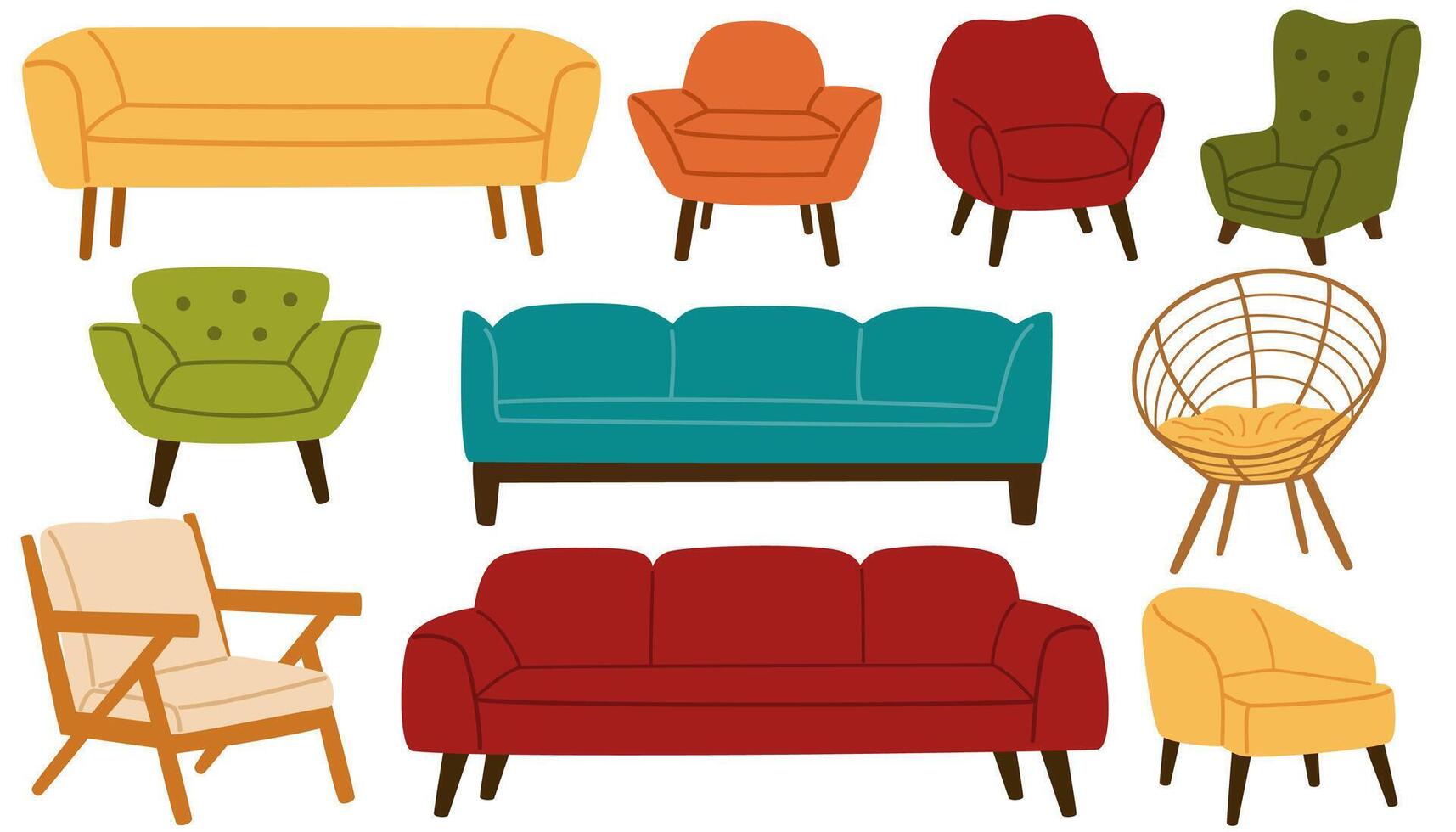 Armchair and couch set. Trendy comfortable chairs. Furniture for home and living room. Soft furniture, luxury sofa. Hand drawn vector doodle elements