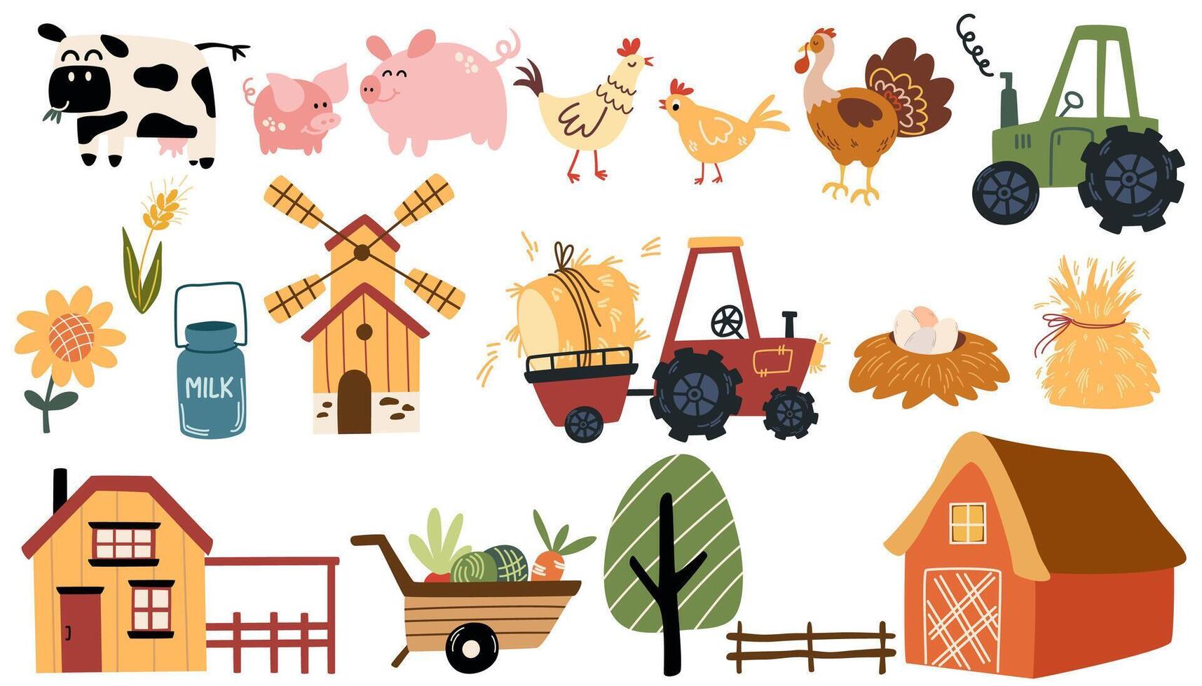 Farm elements set. Collection farm animals, Agricultural machinery, mill, pickup, barn, tractor. Agriculture and agricultural. Vector illustration.