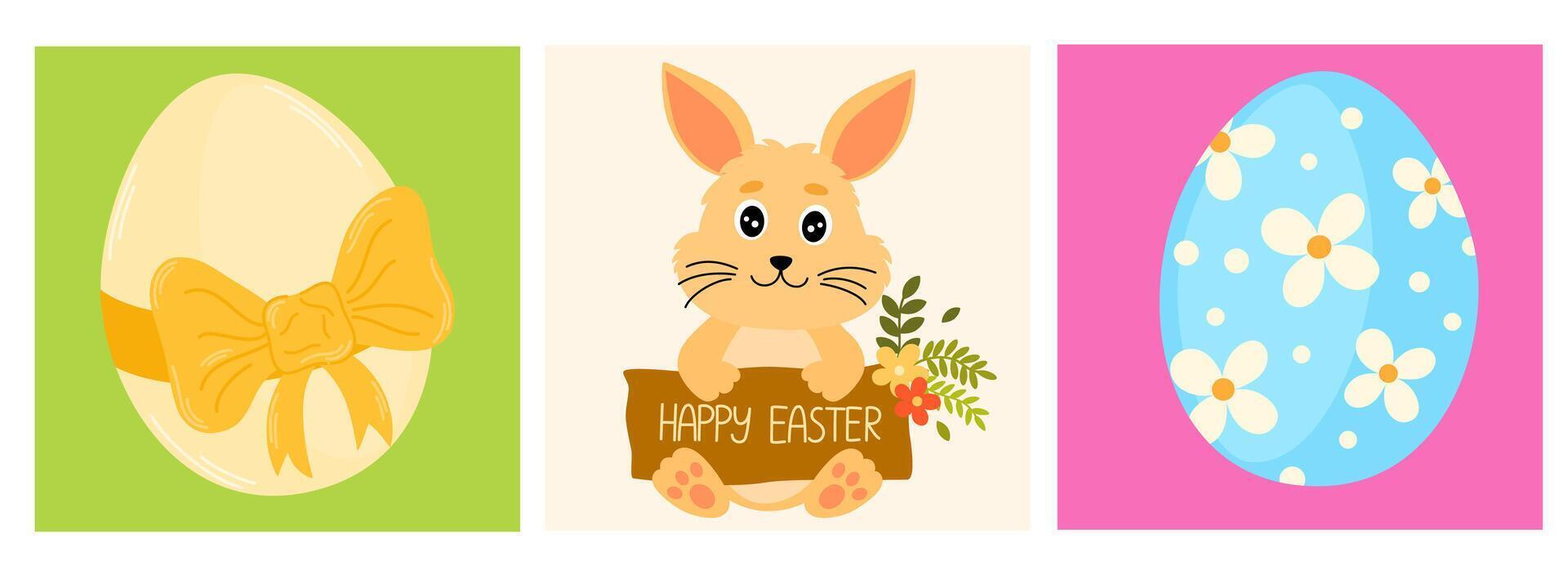 Cute Easter cards set. Easter cute bunny and eggs. Hand draw Flat cartoon vector illustration for poster, card, scrapbooking, stickers