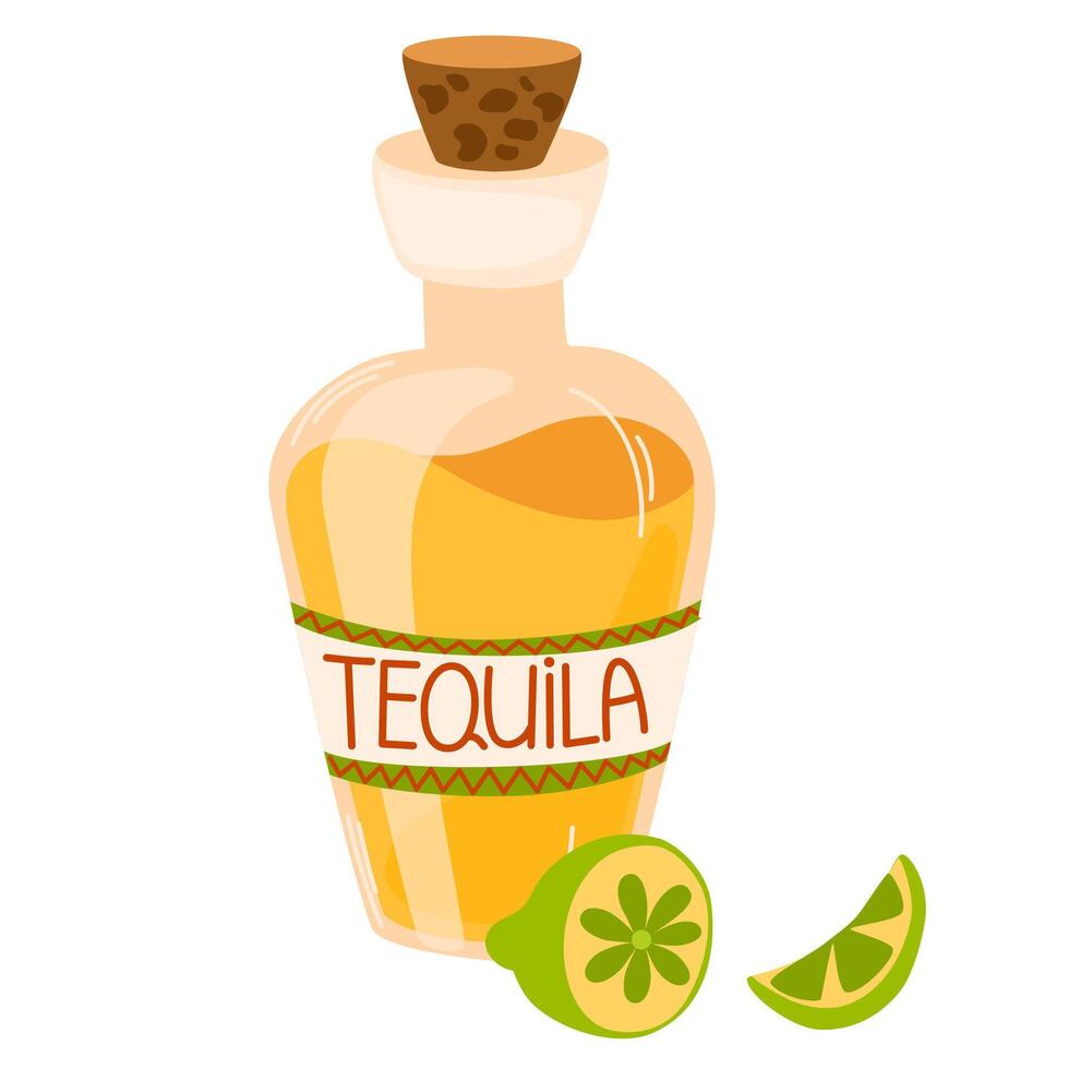 Bottle of tequila with lime. Alcoholic drink, party, holiday. Object for Cinco de Mayo parade, Mexican fiesta. Vector hand drawn illustration.