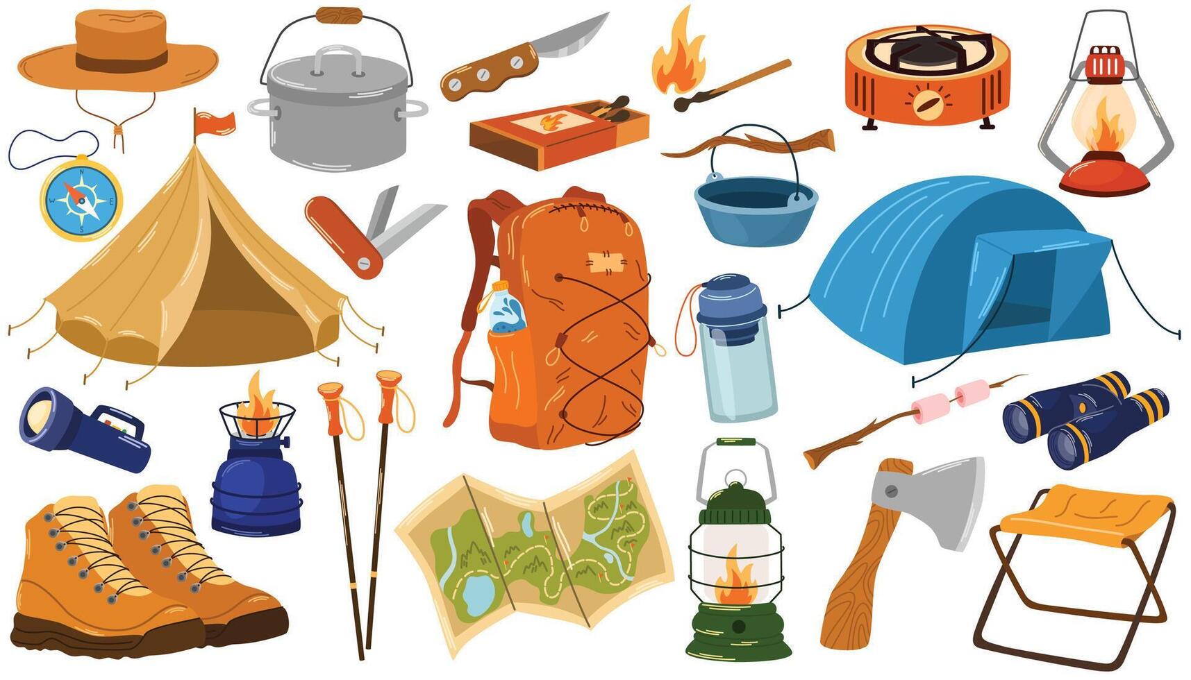 Camping, hiking items set. Tourism and adventure accessories. Summer travel and picnic stuff. Holiday backpack, campfire, hiking shoes, tents, lanterns, burners, axe, map, knives. Vector illustration