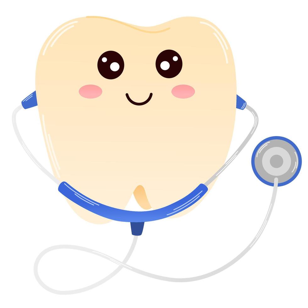 Happy tooth. Cartoon dental character. Cute dentist mascot. Oral health and dental inspection teeth. Medical dentist tool. Hand draw vector illustrations