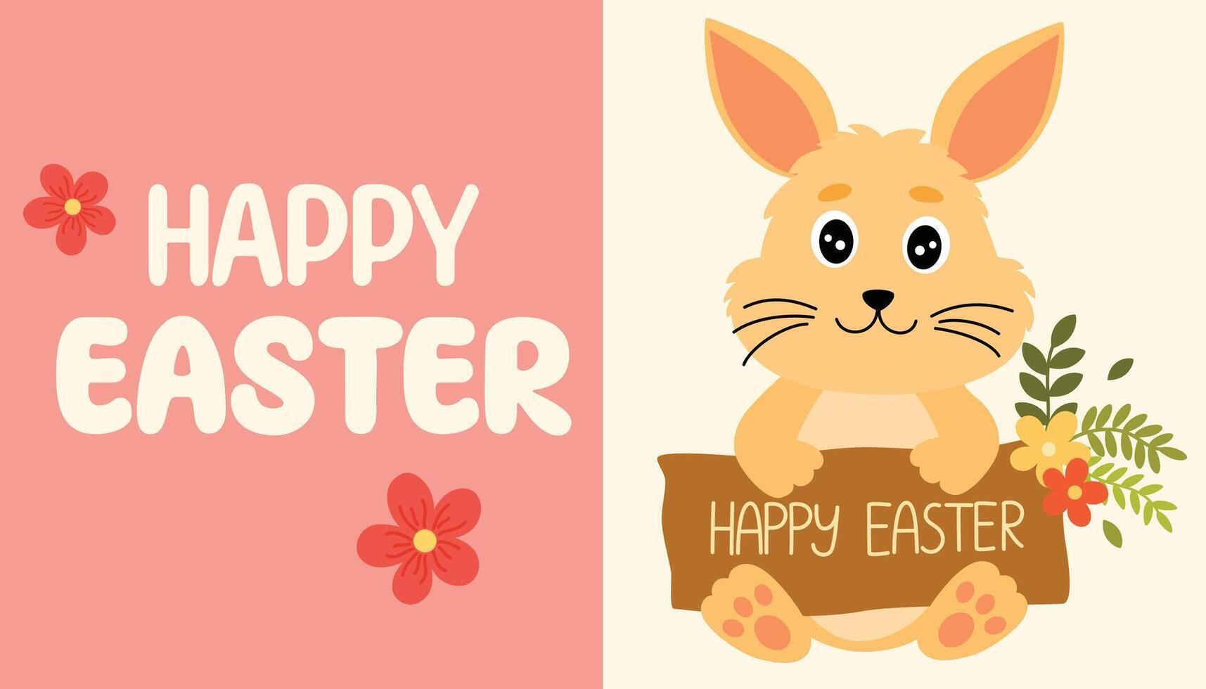 Easter cute bunny. Adorable easter rabbit with egg. Happy Easter card for poster, card, scrapbooking, stickers. Hand draw Flat cartoon vector illustration.