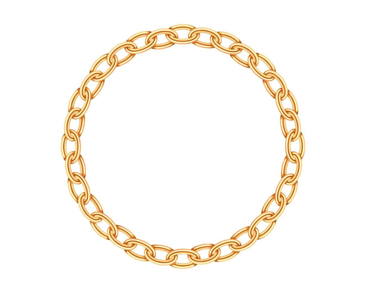 textura de cadena de marco de círculo de oro realista. enlace de cadenas redondas doradas aislado sobre fondo blanco. cadena de joyería elemento de diseño tridimensional. vector