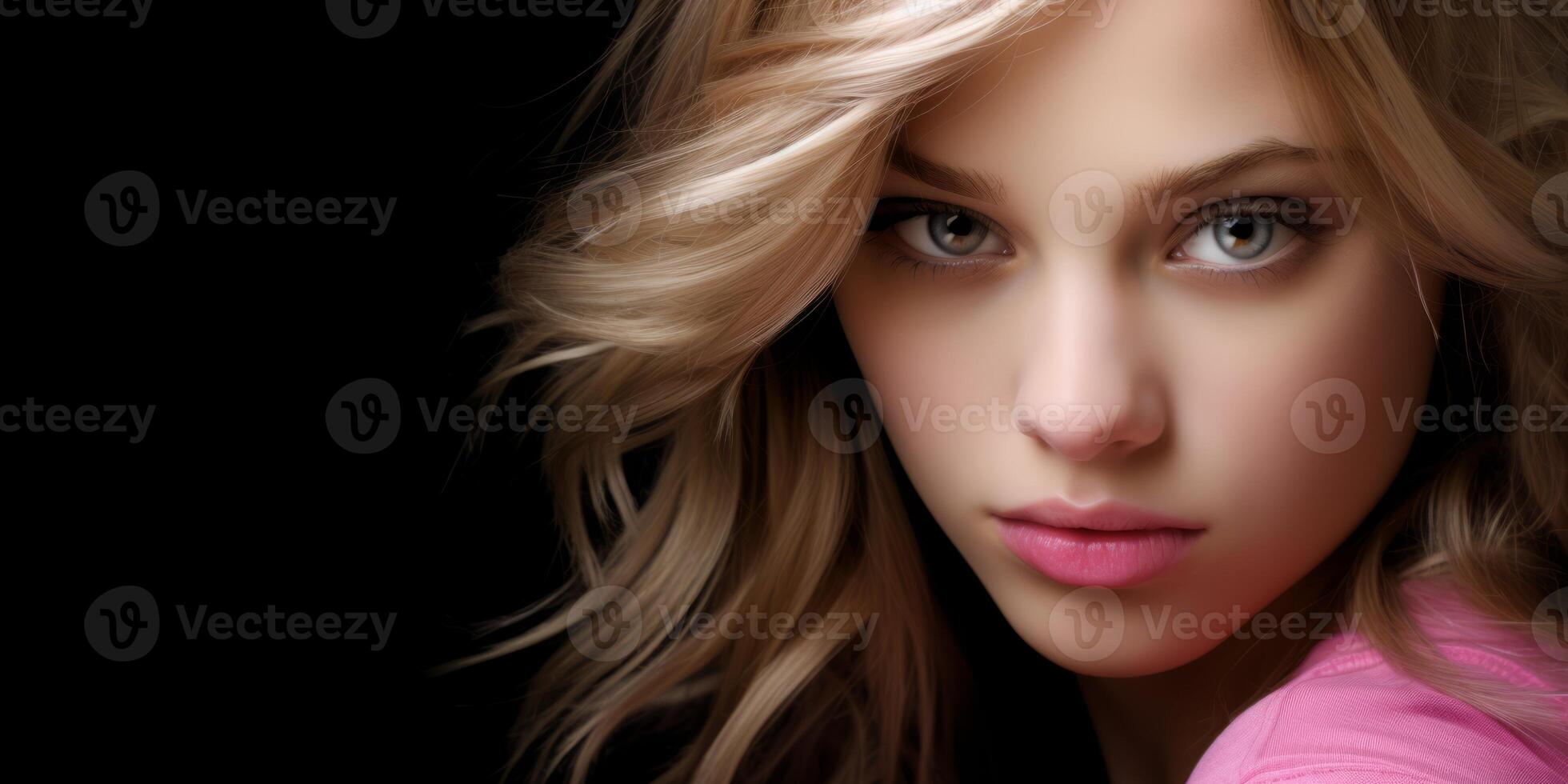 AI generated Portrait of a beautiful blonde girl with long hair on a black background photo