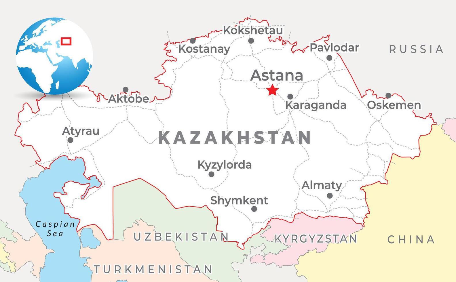 Kazakhstan map with capital Astana, most important cities and national borders vector