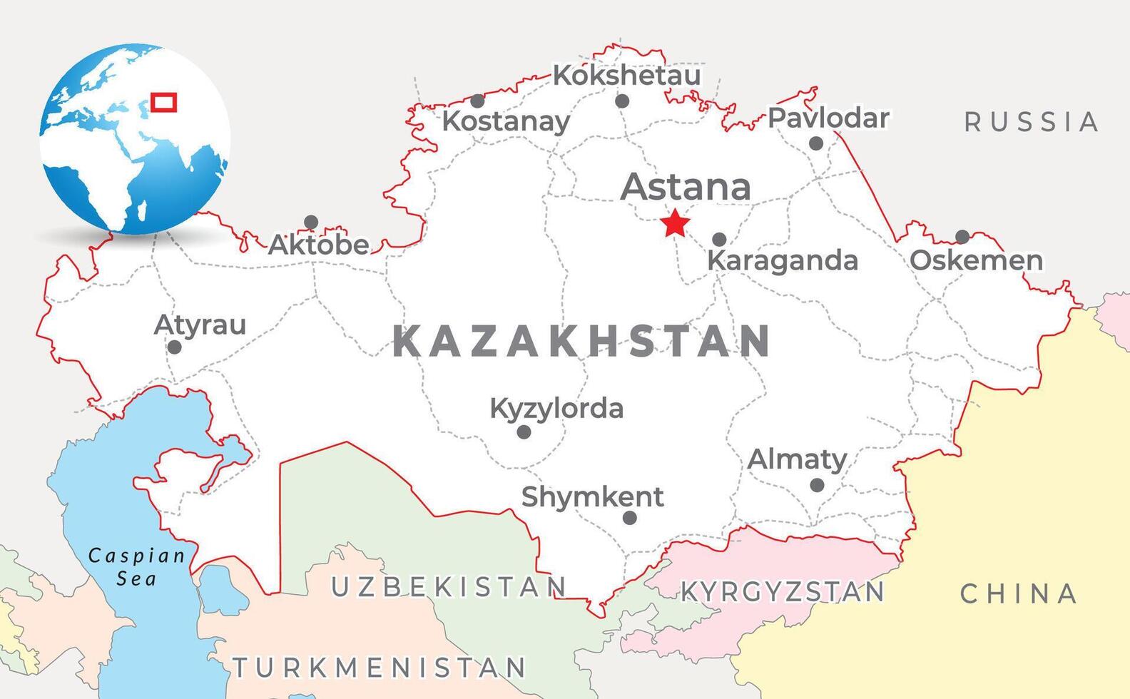 Kazajstán mapa con capital astana, más importante ciudades y nacional fronteras vector