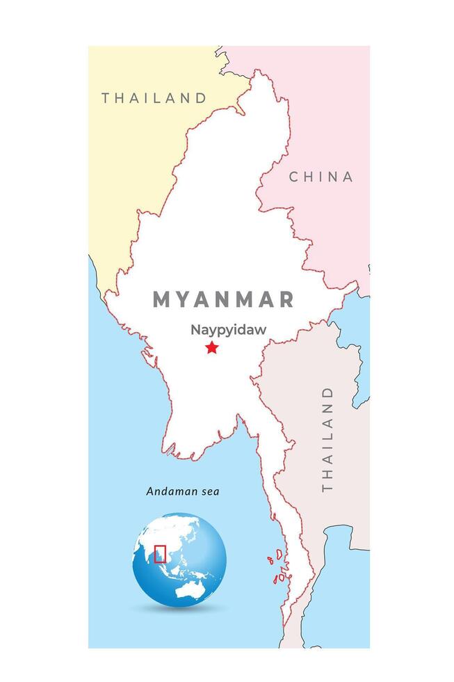 myanmar mapa, capital Naipyidó, con nacional fronteras vector