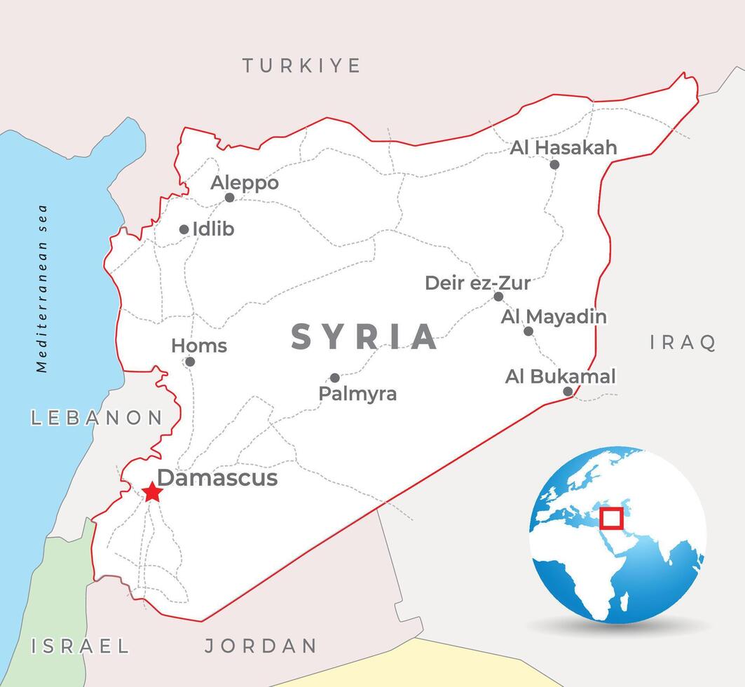 Syria map with capital Damascus, most important cities and national borders vector