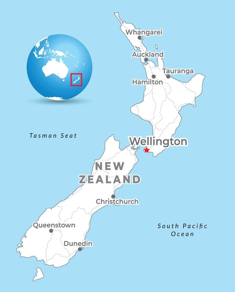 nuevo Zelanda mapa con capital Wellington, más importante ciudades y nacional fronteras vector