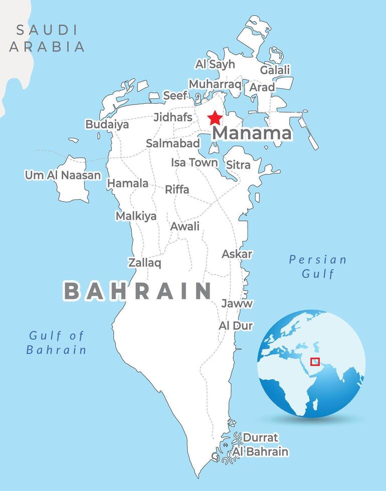 Bahrain map with capital Manama, most important cities and national borders vector