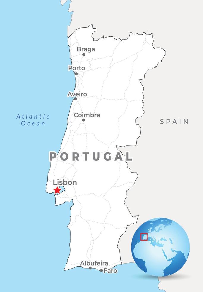 Portugal map with capital Lisbon, most important cities and national borders vector