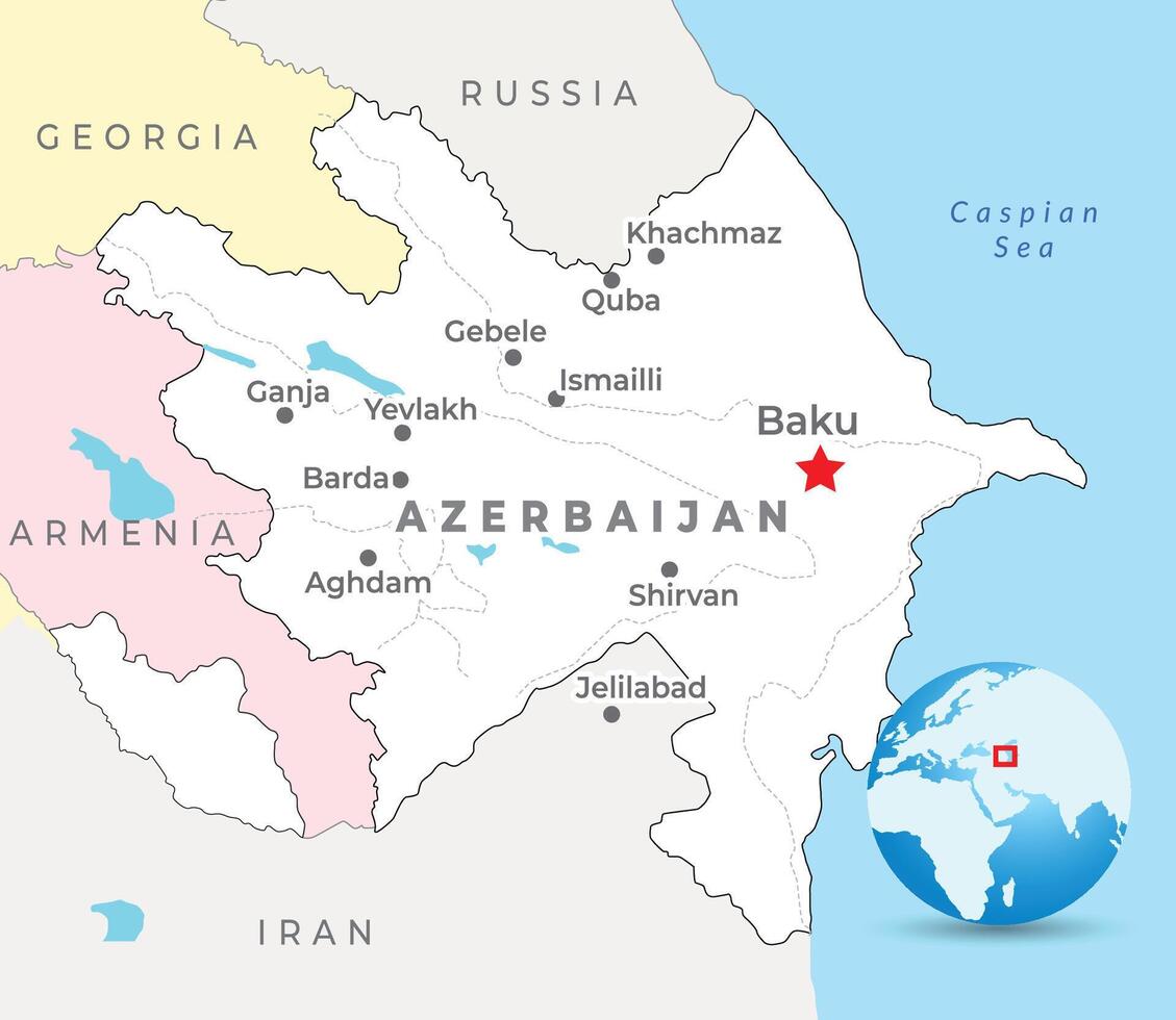 Azerbaijan map with capital Baku, most important cities and national borders vector