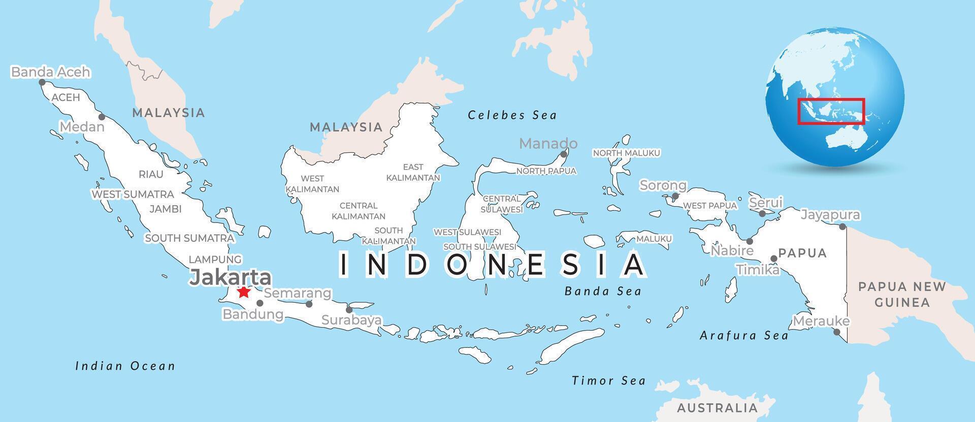 Indonesia mapa con capital Jacarta, más importante ciudades y nacional fronteras vector