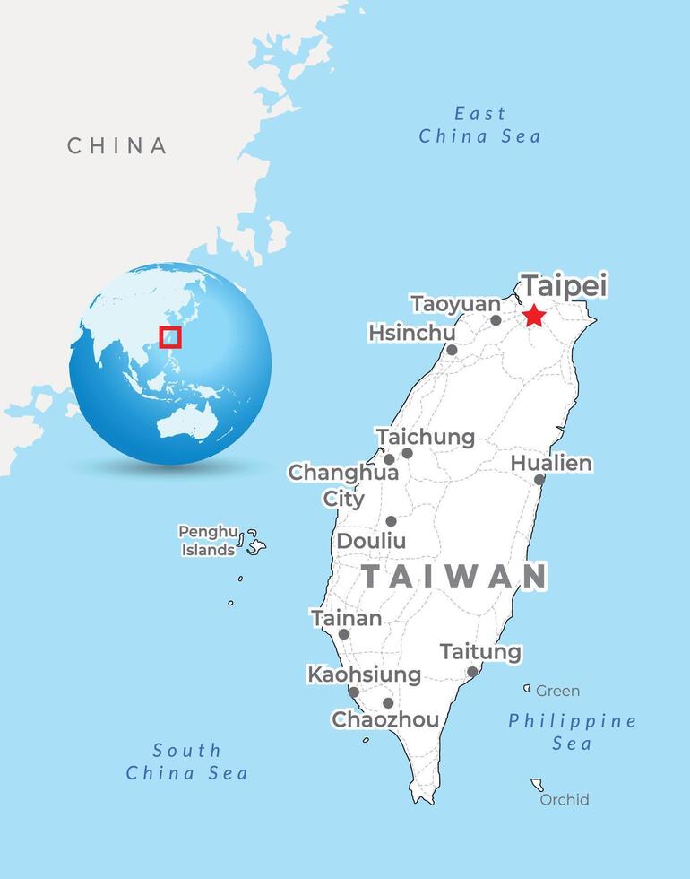 Taiwan map with capital Taipei, most important cities and national borders vector
