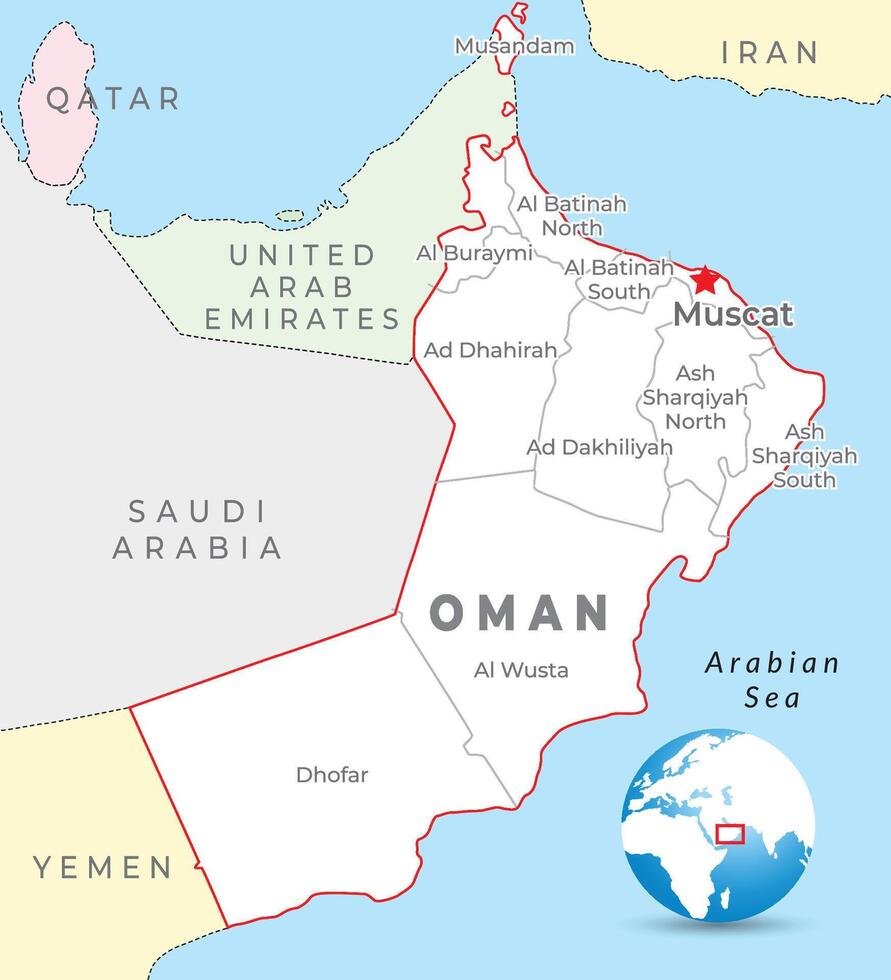 Oman map with capital Muscat, most important cities and national borders vector
