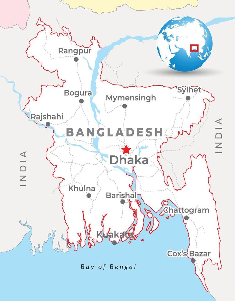 Bangladesh map with capital Dhaka, most important cities and national borders vector