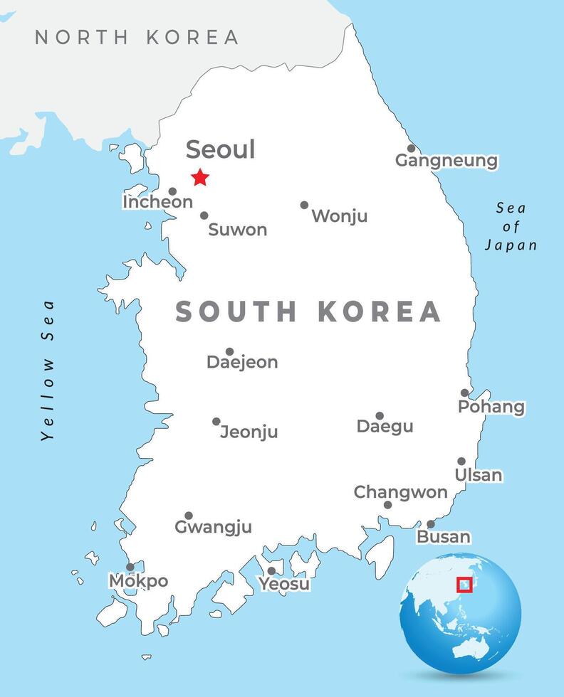 South Korea map with capital Seoul, most important cities and national borders vector