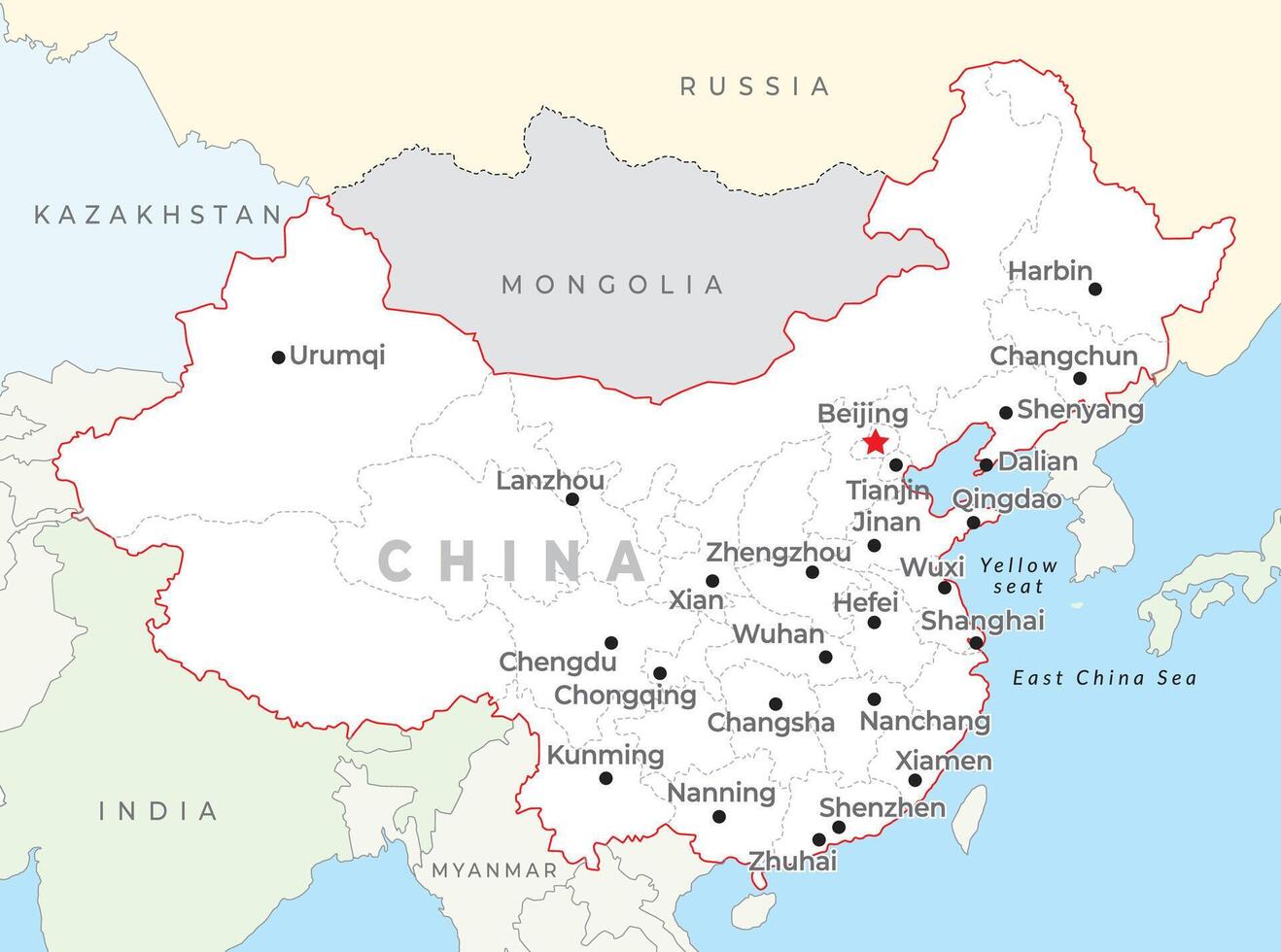 China map with capital Beijing, most important cities and national borders vector