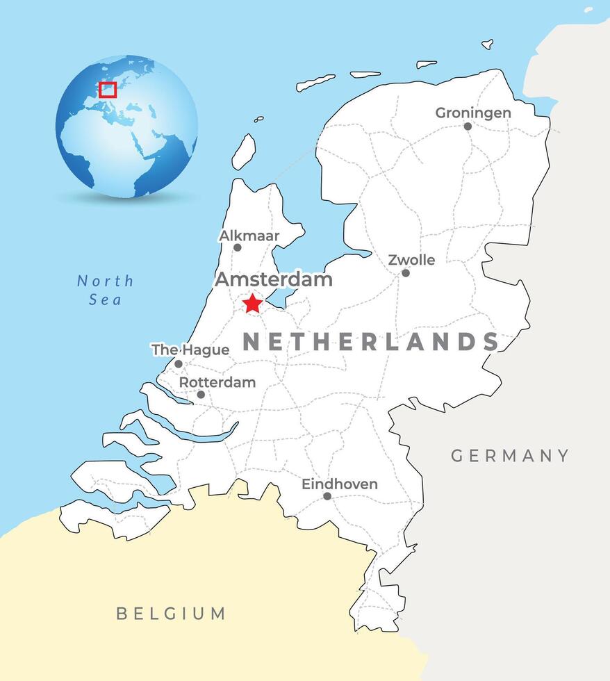 Netherlands map with capital Amsterdam, most important cities and national borders vector