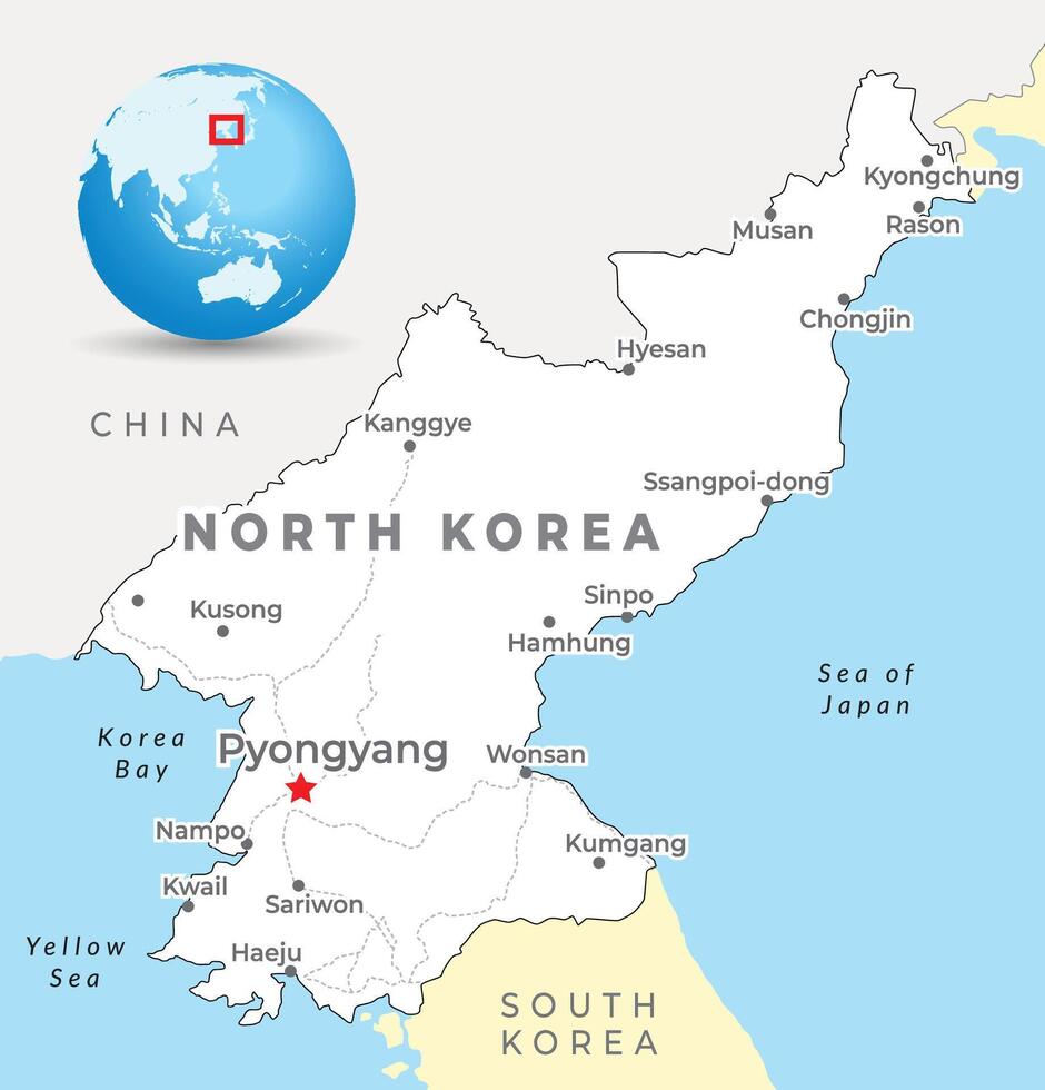 North Korea map with capital Pyongyang, most important cities and national borders vector