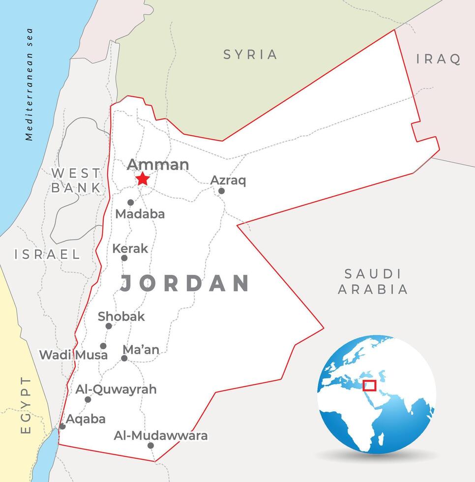 Jordan map with capital Amman, most important cities and national borders vector