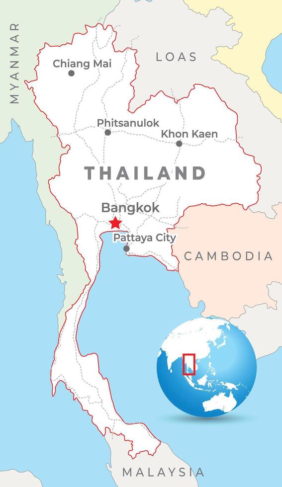 Thailand map with capital Bangkok, most important cities and national borders vector