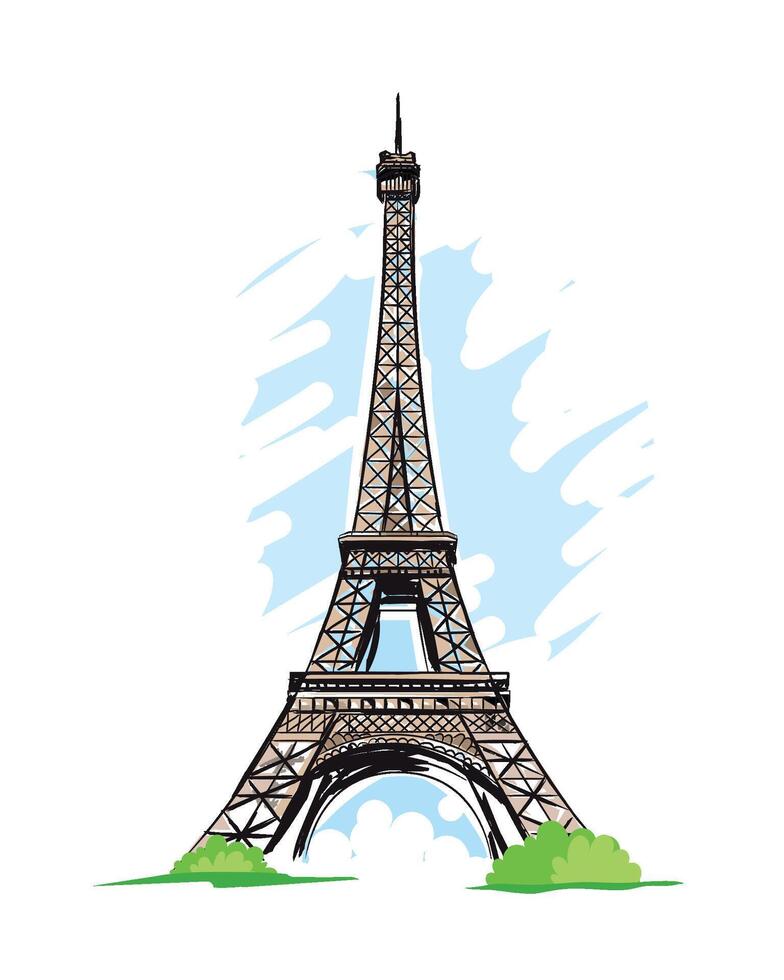 Eiffel tower free hand sketch, vintage card, symbol of France sticker vector