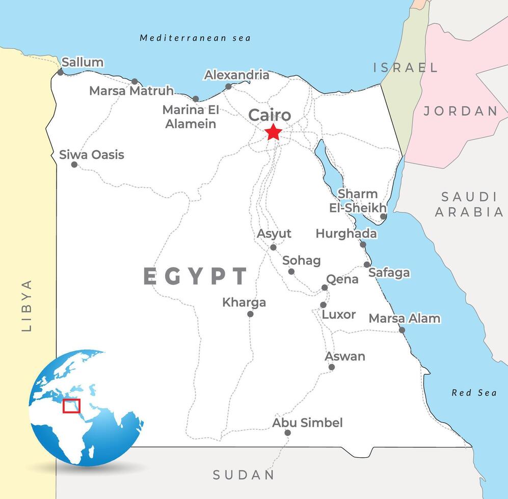 Egypt map with capital Cairo, most important cities and national borders vector