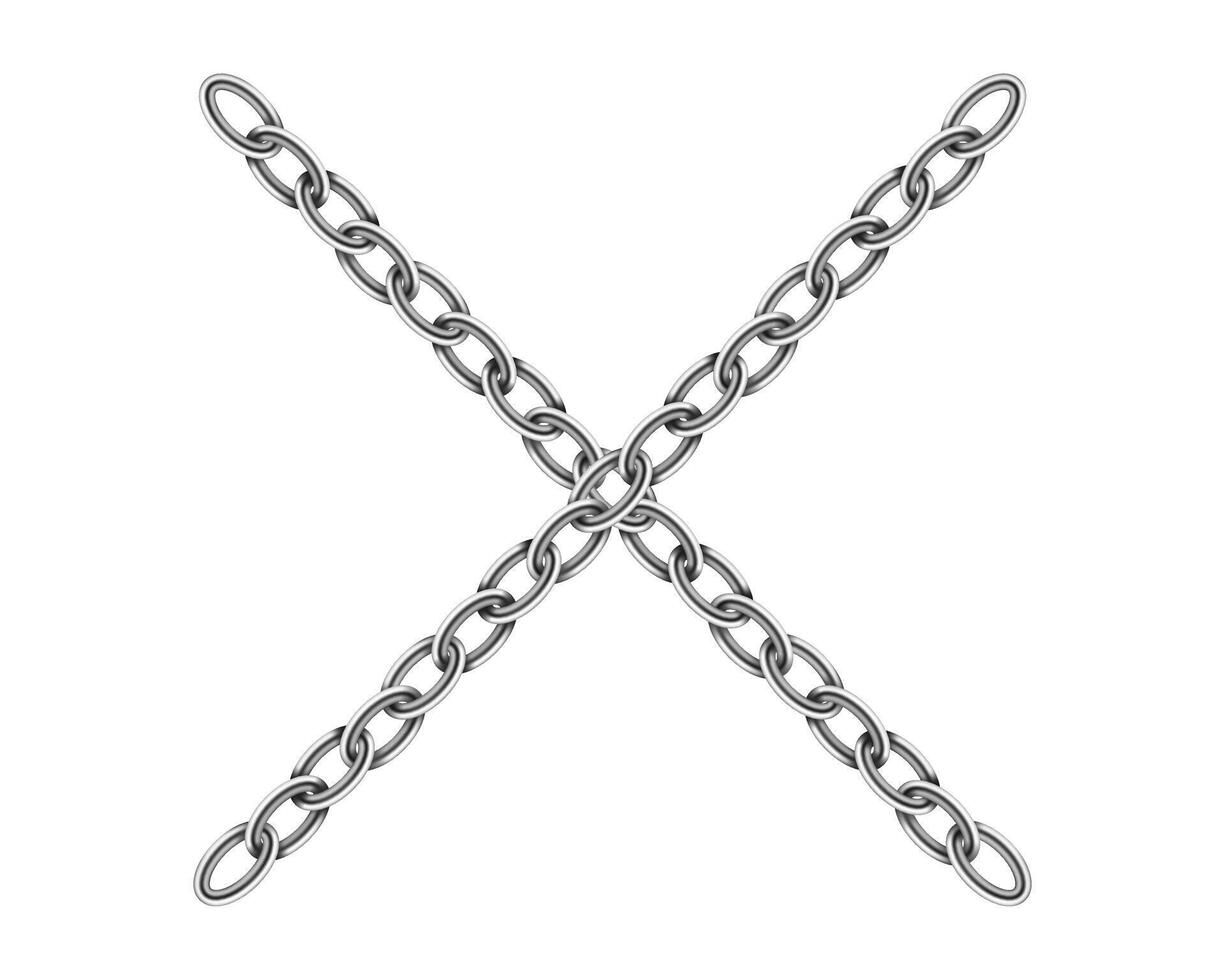 Realistic metal chain texture. Silver color cross chains link isolated on white background. Strong iron chainlet solid three dimensional design element. vector