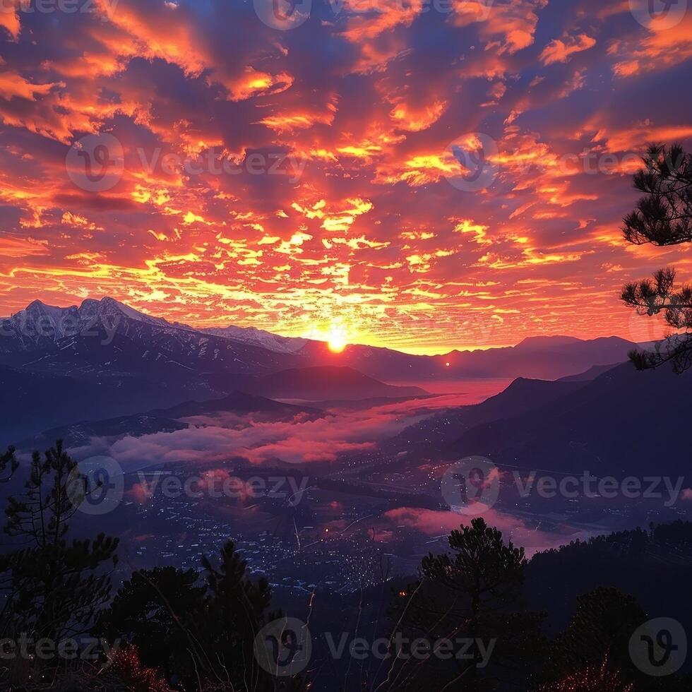 ai generado puesta de sol puntos de vista, silueta montañas, cielo ardiendo con colores foto