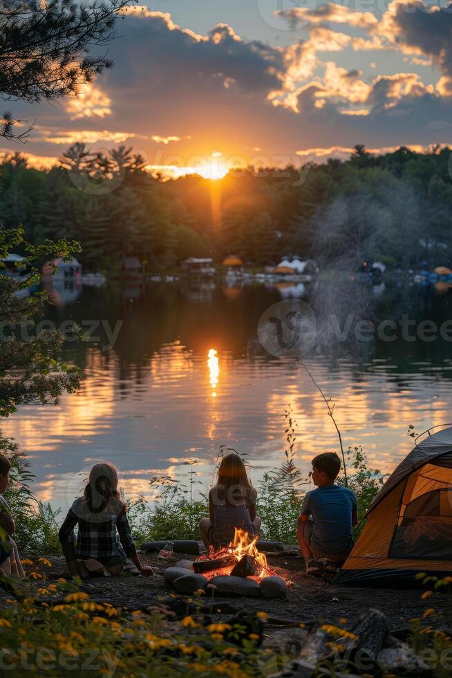 AI generated Family camping trip celebrating Victoria Day, nature, bonfire, tents, near a lake, outdoor adventure, patriotic photo