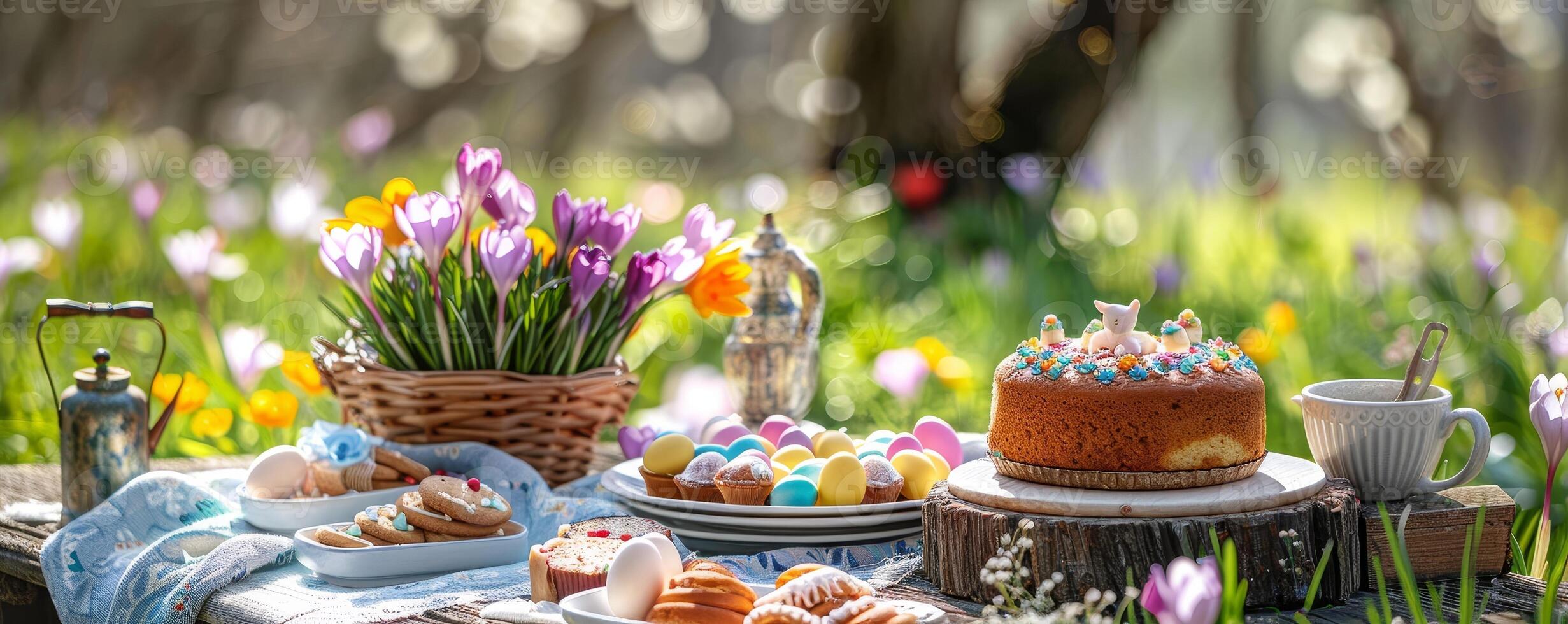 AI generated Easter Picnic Charm - Under Blooming Crocuses with Lamb Cake, Cookies, Basket of Eggs photo