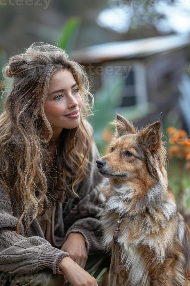 AI generated Dog owner instructing their pet in new tricks, strengthening their connection through training in the backdrop of a backyard. photo