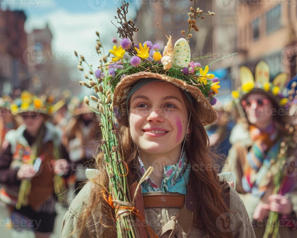 AI generated Tradition in Motion - Easter Parade with Bonnets, Willow Branches, Emphasizing Community photo