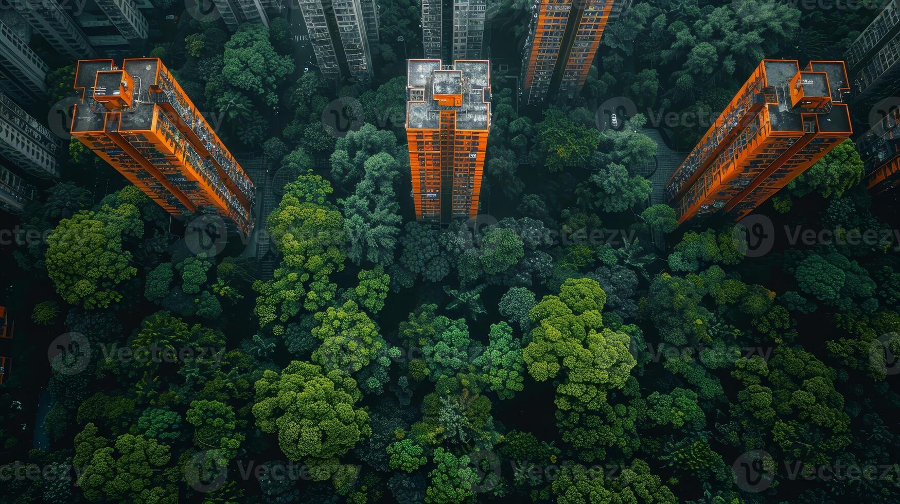 AI generated Clear, structured city planning from above vs opaque, dense jungle canopy, contrasting human vs natural organization photo