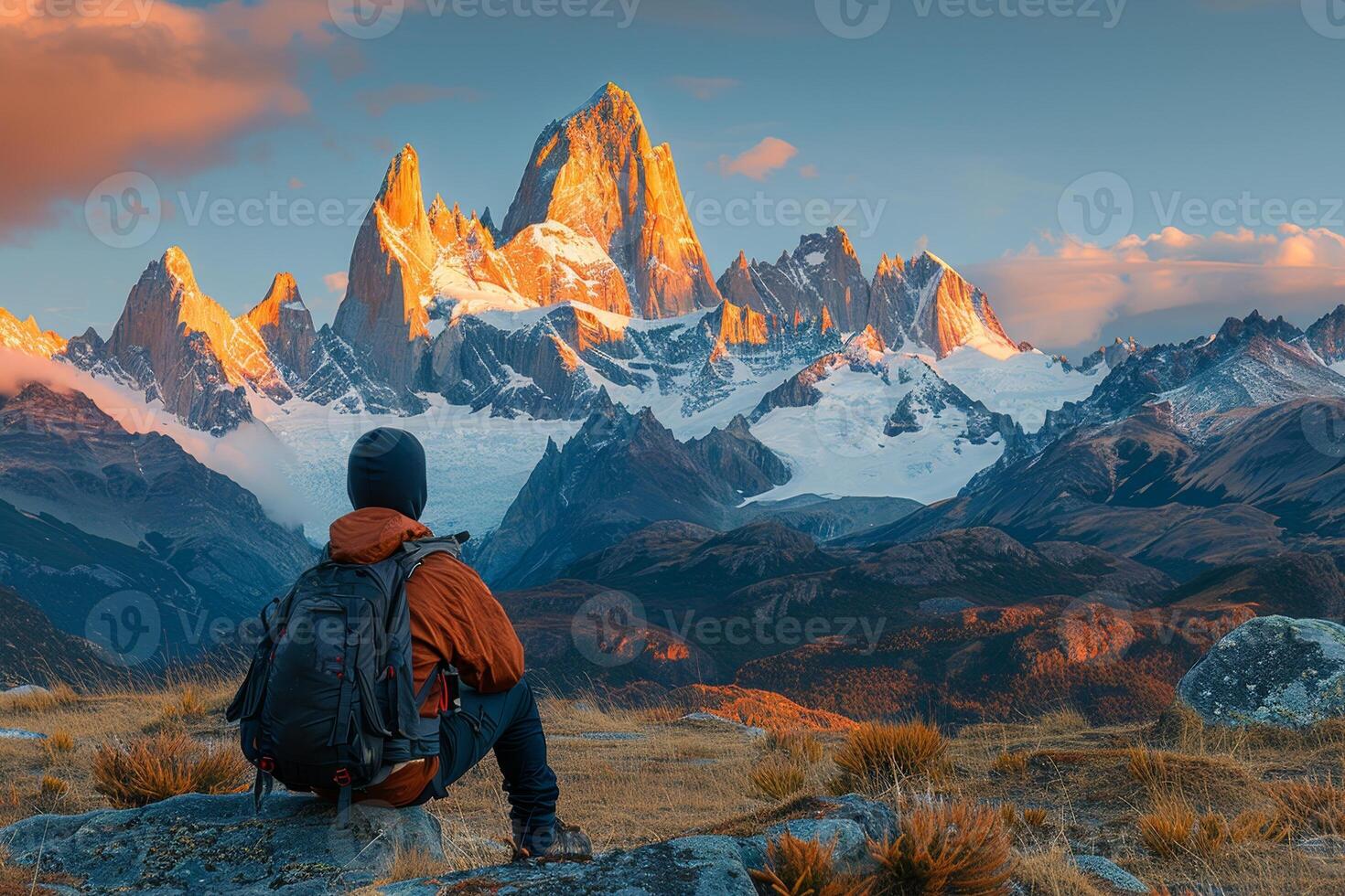 AI generated Backpacker gazes at majestic mountains as dawn light breaks over the horizon photo
