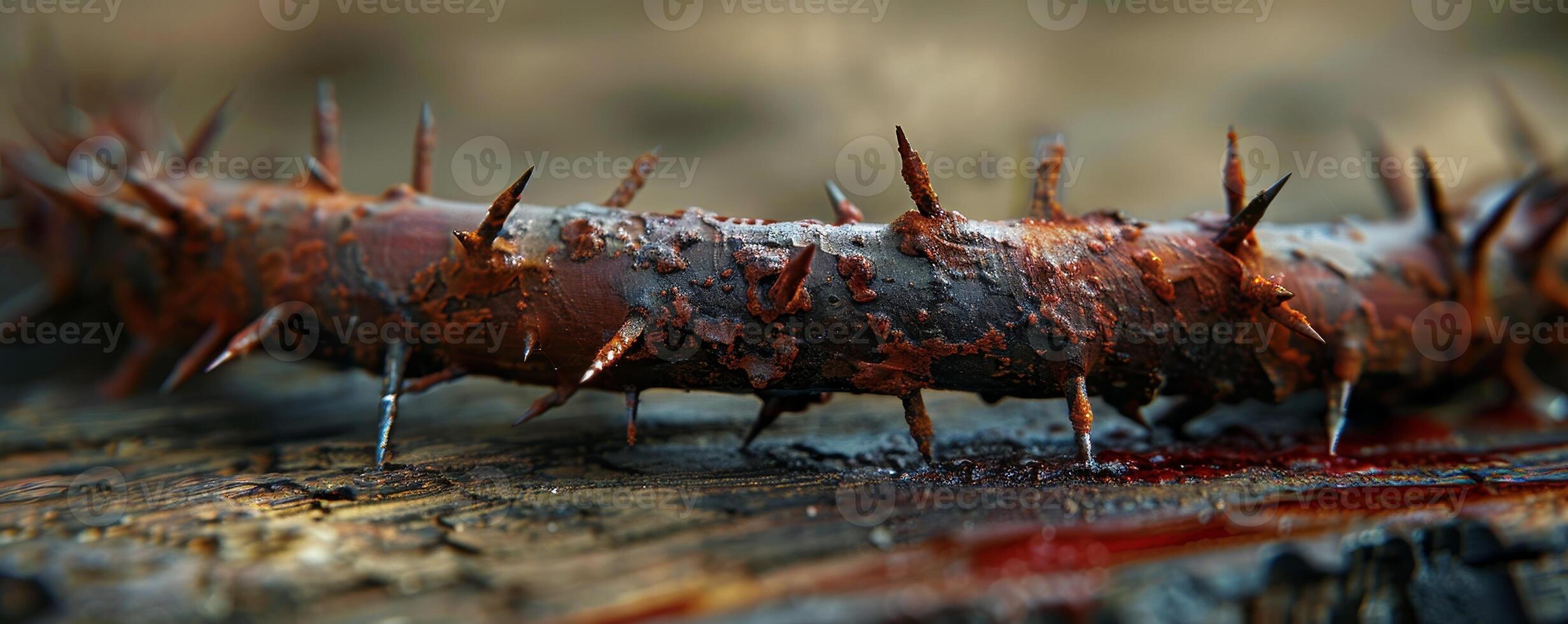 AI generated Symbolic Thorns and Nails on Wood Close Up, Rustic Setting photo